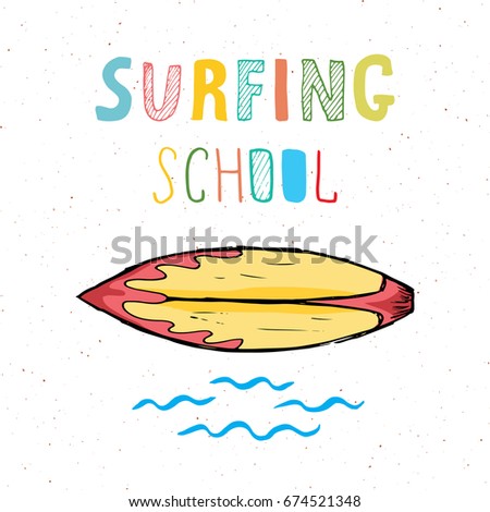 Surf boards hand drawn sketch t-shirt print design, surfing school typography, Summer vintage retro badge template, vector illustration.