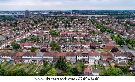 Aerial view of suburban areas in North London (Wembley) Royalty-Free Stock Photo #674543440