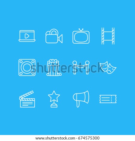 Vector Illustration Of 12 Cinema Icons. Editable Pack Of Megaphone, Coupon, Filmstrip And Other Elements.
