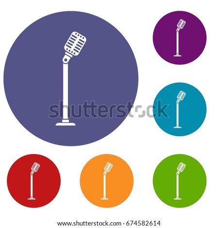 Microphone on stand icons set in flat circle reb, blue and green color for web