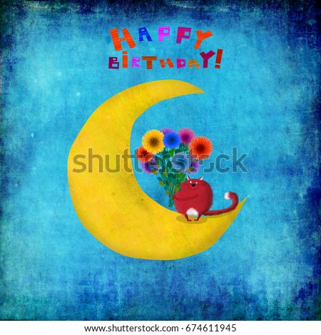 A cute birthday card: a red cat with a beautiful bunch of flowers sitting on the moon on the night background.