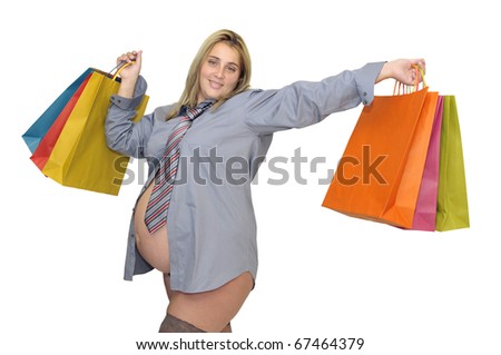 Pregnant woman with shirt, tie and shopping bags isolated in white