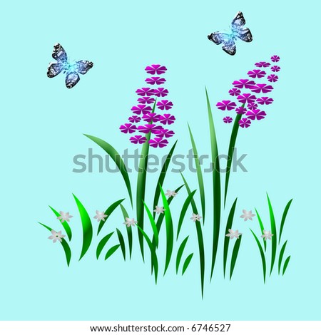 flower garden and butterflies  on blue background
