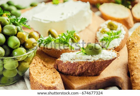 sandwiches with cheese and olives. Selective focus. 