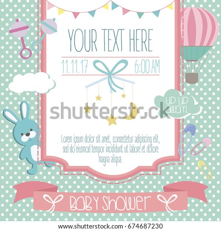 Baby Shower card with air balloons and cute clouds. Vector illustration
