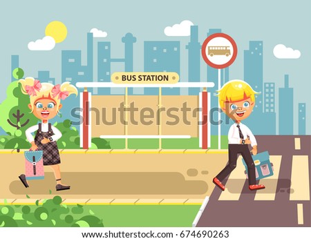 Stock vector illustration cartoon characters children, observance traffic rules, boy and girl schoolchildren classmates go to road pedestrian crossing, bus stop background back to school in flat style
