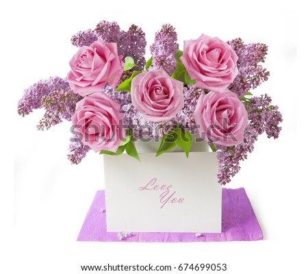 Still life with lilac and roses bunch isolated on white background