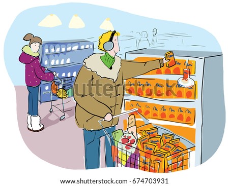 Raster Illustration Shopping in Grocery Market or Mall