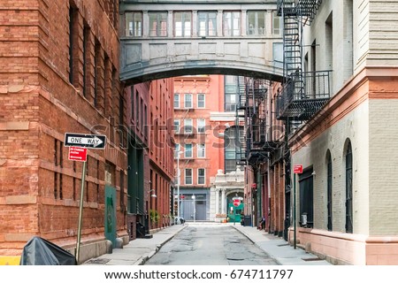 Hidden alley scene on Staple Street in the historic Tribeca area of Manhattan, New York City NYC