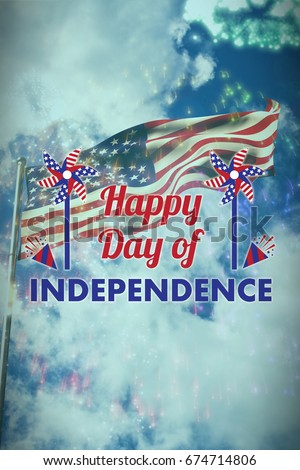 Vector image of Happy Independence day text with decoration  against colourful fireworks exploding on black background