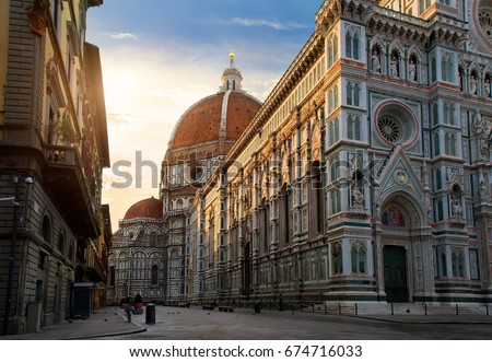 Piazza del Duomo and cathedral of Santa Maria del Fiore in Florence, Italy Royalty-Free Stock Photo #674716033