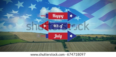 Digitally generated image of rockets with happy 4th of july text  against country scene