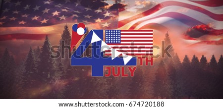Vector image of 4th July text with flag and decoration  against country scene