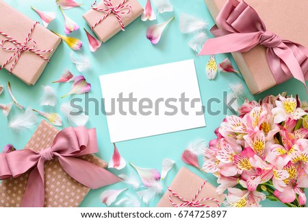 Mother's Day, Valentine's Day, Birthday or other suitable event celebration card concept, flat lay, view from above, space for a text