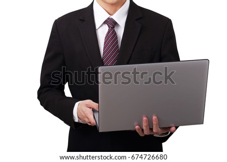 businessman hold the computer laptop on white isolated