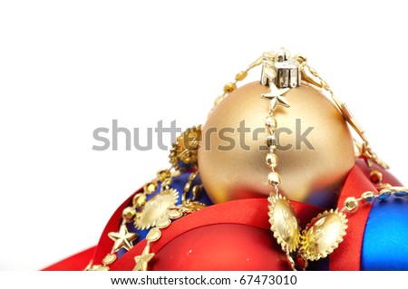 red and blue christmas blubs on white background
