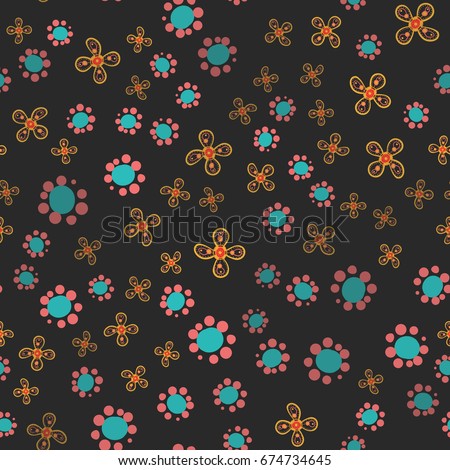 Hand drawn Seamless childish floral pattern. Naive Background with flowers, leaves. Decorative cute graphic illustration.