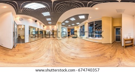 Modern fitness gym with wooden floor mirrors full 360 degree panorama in equirectangular spherical projection