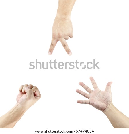 Three isolated cutout of hand playing the stone, paper and scissor game. Royalty-Free Stock Photo #67474054