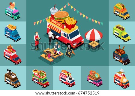 A vector illustration of Isometric Design of Different Food Trucks