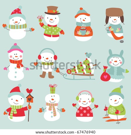Set of 11 vector cute and funny snowmen