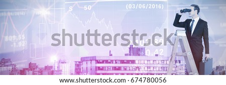 Businessman looking on a ladder against stocks and shares