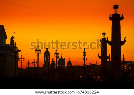 St. Petersburg. Silhouettes of Rostral column. Vasilevsky Island.