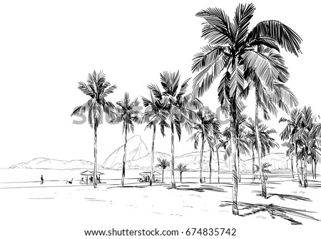 Copacabana beach. Rio de janeiro. Brazil. Hand drawn city sketch. Vector illustration. Royalty-Free Stock Photo #674835742