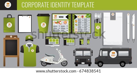 Vector food corporate identity template design set. Branding mock up for your design. Illustrated vector.