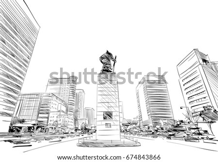 Gwanghwamun Square Statue. Seoul. The Republic of Korea. Hand drawn city sketch. Vector illustration.