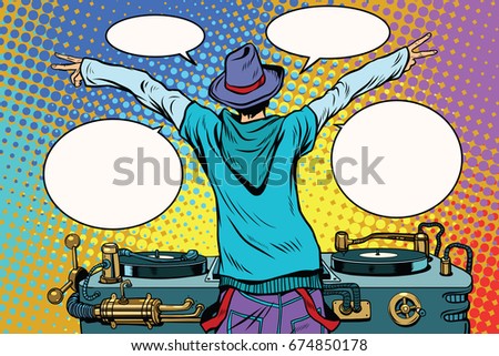 DJ party vinyl panel, view from behind. Pop art retro comic book  illustration. Music and club