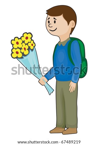 Schoolboy with a bouquet of flowers goes to school on September