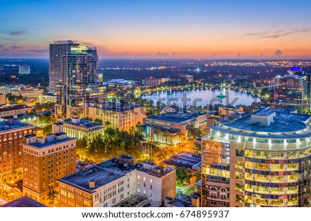Orlando, Florida, USA aerial skyline towards Lake Eola. Royalty-Free Stock Photo #674895937