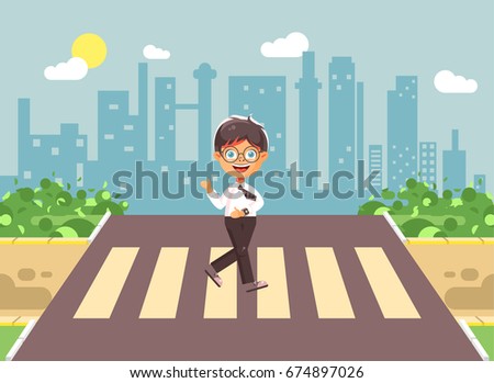 Stock vector illustration cartoon characters child, observance traffic rules, lonely brunette boy schoolchild, pupil go to road pedestrian crossing, on city background, back to school in flat style