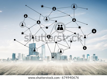 Modern cityscape wooden floor and social connection concept on screen