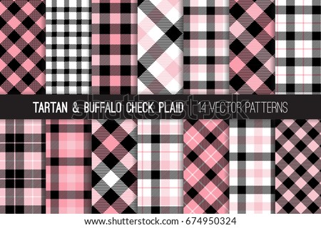 Pink, Black and White Tartan and Buffalo Check Plaid Vector Patterns. Preppy School Uniform Style Fashion. Hipster Female Lumberjack Flannel Shirt Fabric Textures. Pattern Tile Swatches Included.