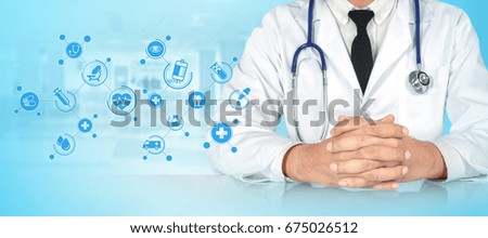 Medicine doctor holding hands ready to help and icon of media screen in a hospital
