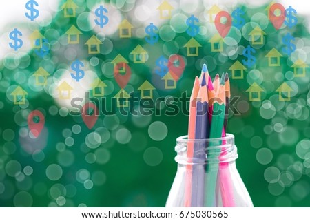 Color pencil in bottle with house and dollar currency vector on a blurred tree background in nature.  using wallpaper for business and financial success.