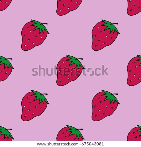 Strawberry vector seamless pattern on pink background.