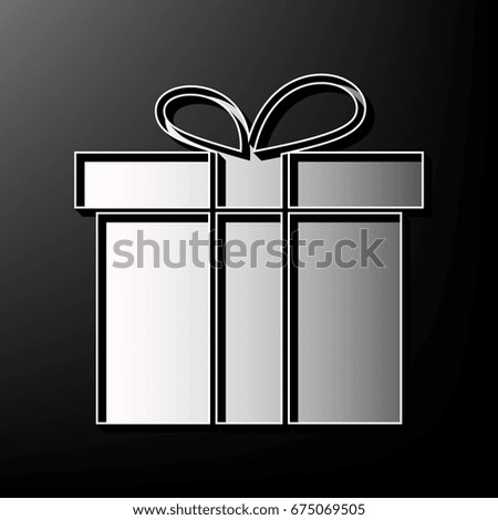 Gift box sign. Vector. Gray 3d printed icon on black background.