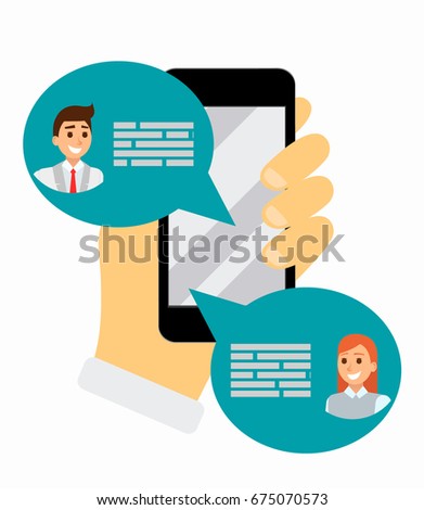 Chatting on phone via application, online conversation in internet. Messaging using mobile phone, flat vector illustration. Social network. Hand holds cell phone. bubble messages in app