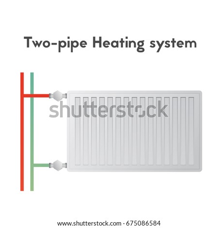 Two-pipe heating system. Steel panel radiator on a white background. HVAC vector illustration.