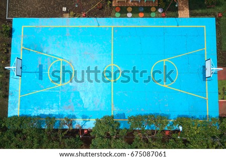 Basketball grunge court aerial drone view from above