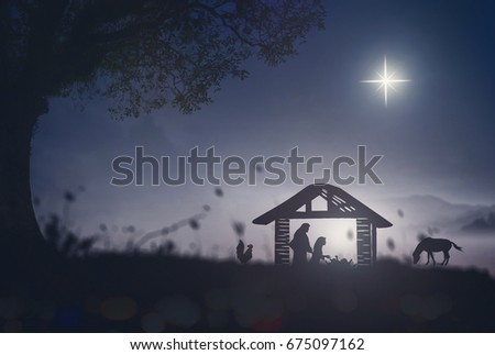 Christmas religious nativity concept: Silhouette Mother Mary, Joseph and Jesus in the manger - 3d illustration