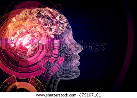 Abstract pink digital human profile on dark background. Technology concept. 3D Rendering