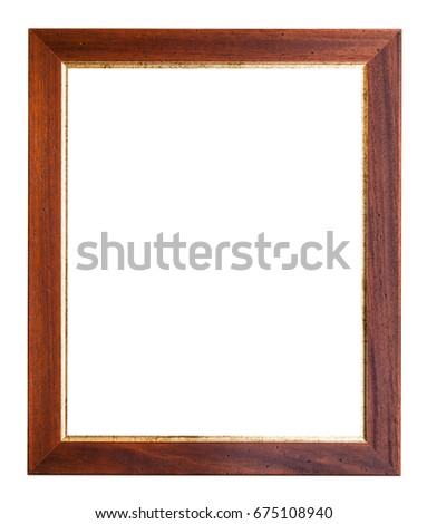 wide brown and golden wooden picture frame with cut out canvas isolated on white background