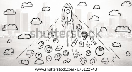 Abstract business sketch with rocket ship and clouds on white city background. Startup concept. Double exposure 