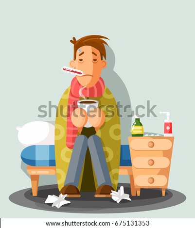 Young man having a cold, holding a cup, cartoon style vector illustration. A guy in red scarf with thermometer in his mouth Royalty-Free Stock Photo #675131353
