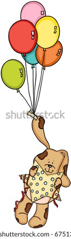Cute dog holding star flying with balloons
