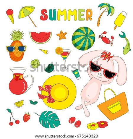 Set of hand drawn bright summer stickers with cute cartoon rabbit, fruits, drinks, sea creatures and various objects, with text.  Isolated objects on white background. Design concept beach holidays.